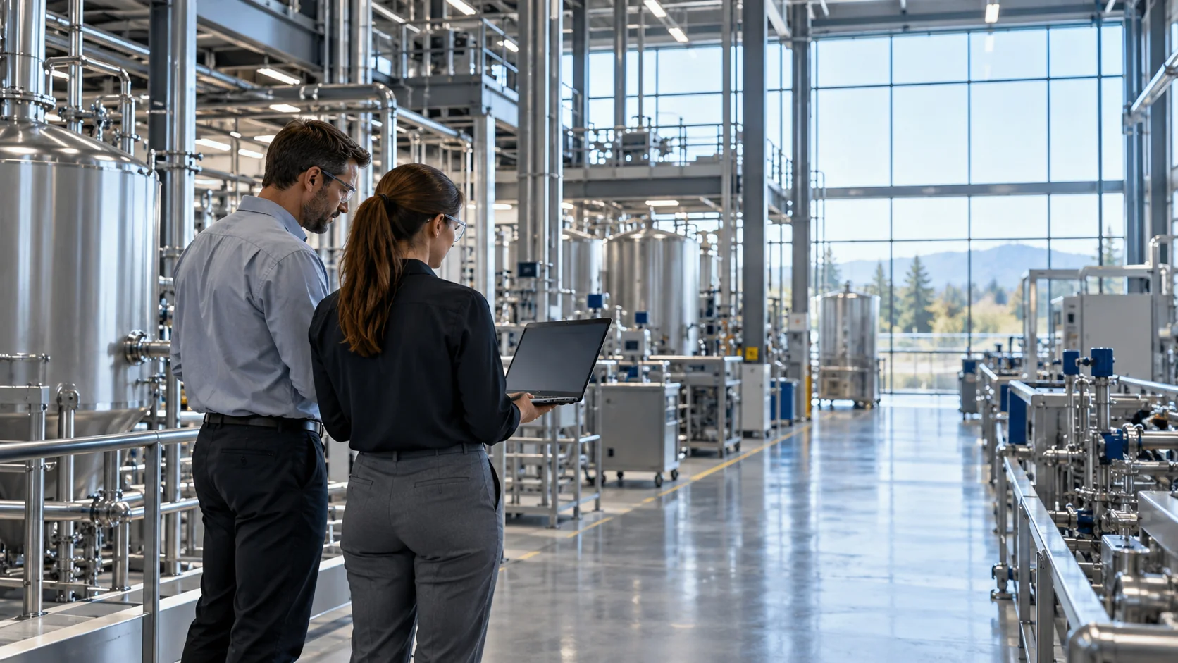 Engineering professionals reviewing operations inside an advanced manufacturing facility