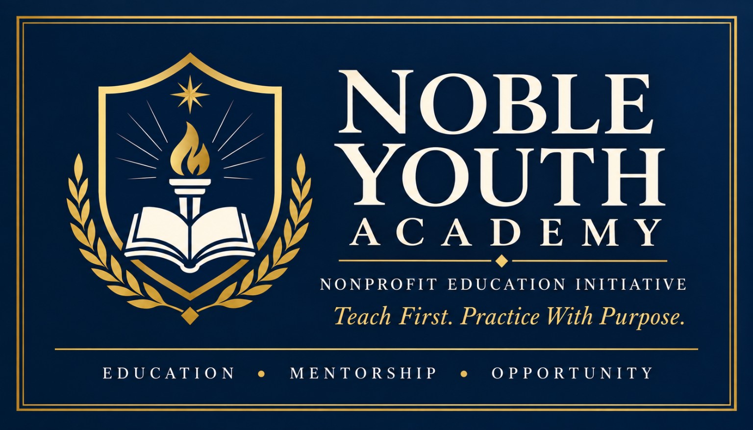 Noble Youth Academy navy-and-gold shield logo with its education, mentorship, and opportunity motto