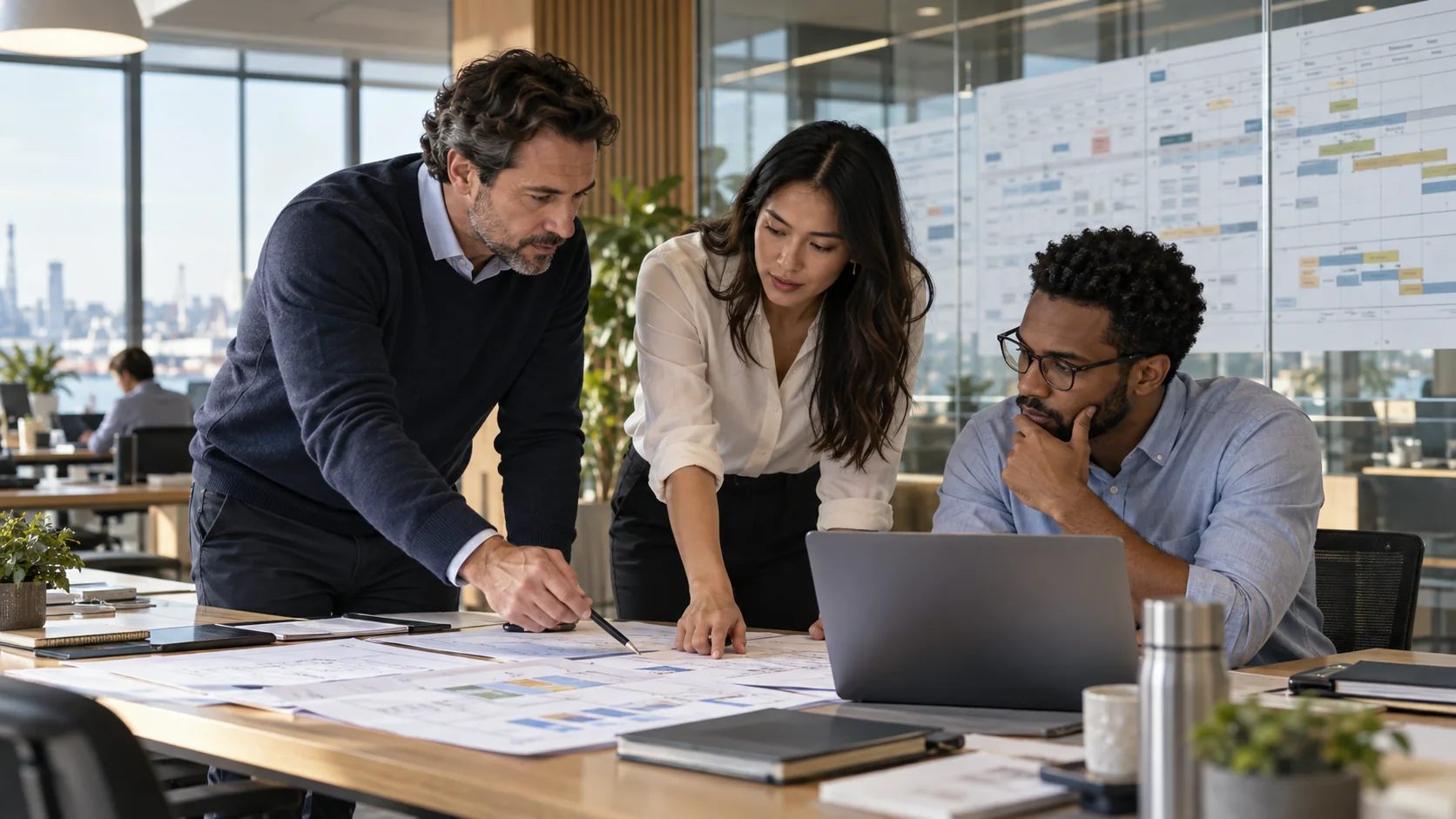 Professional team coordinating a business service workflow
